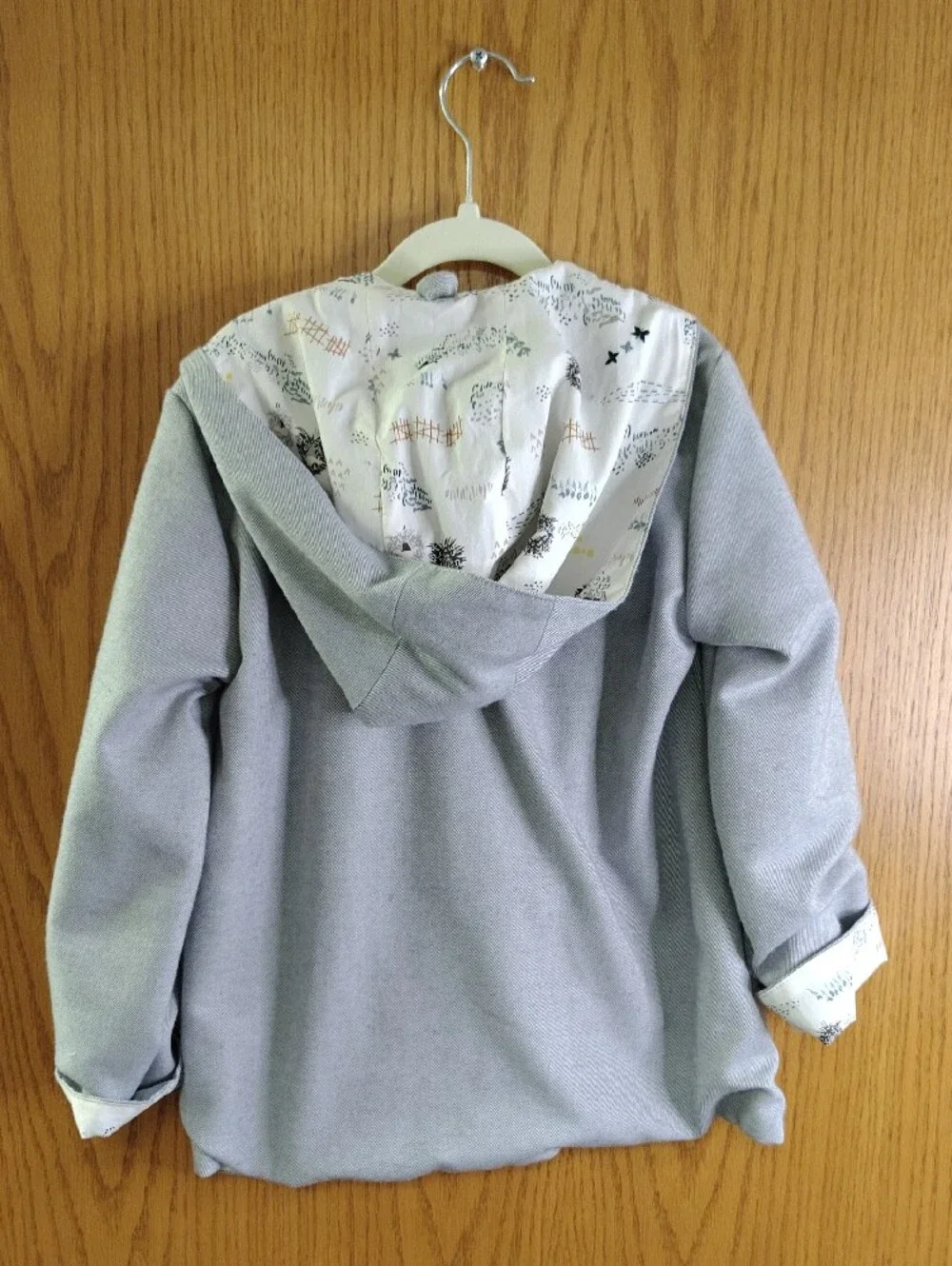 Children's Light Gray Hooded Toggle Coat with Printed Lining